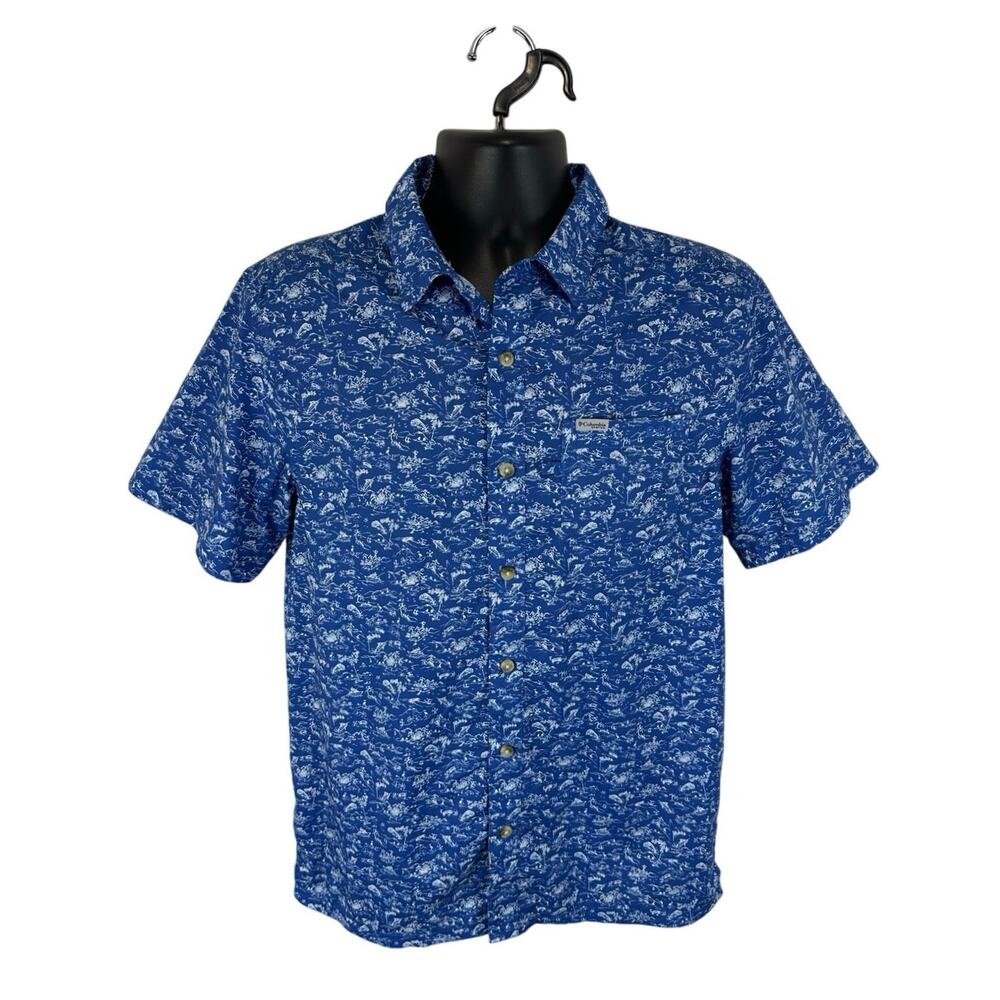 Columbia PFG Fishing Shirt Sz Small Blue AOP Ocean Fishing Graphic Lightweight